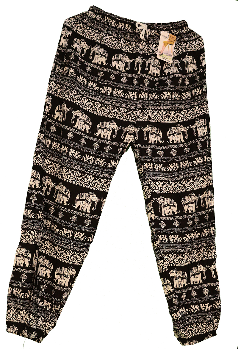 Bangkok Pants / Free Size Small / Elastic Ankle / Elephants Pattern / Black
