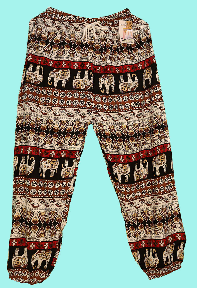 Bangkok Pants / Free Size Small / Elastic Ankle / Flowers + Elephants Pattern / Brown with Red