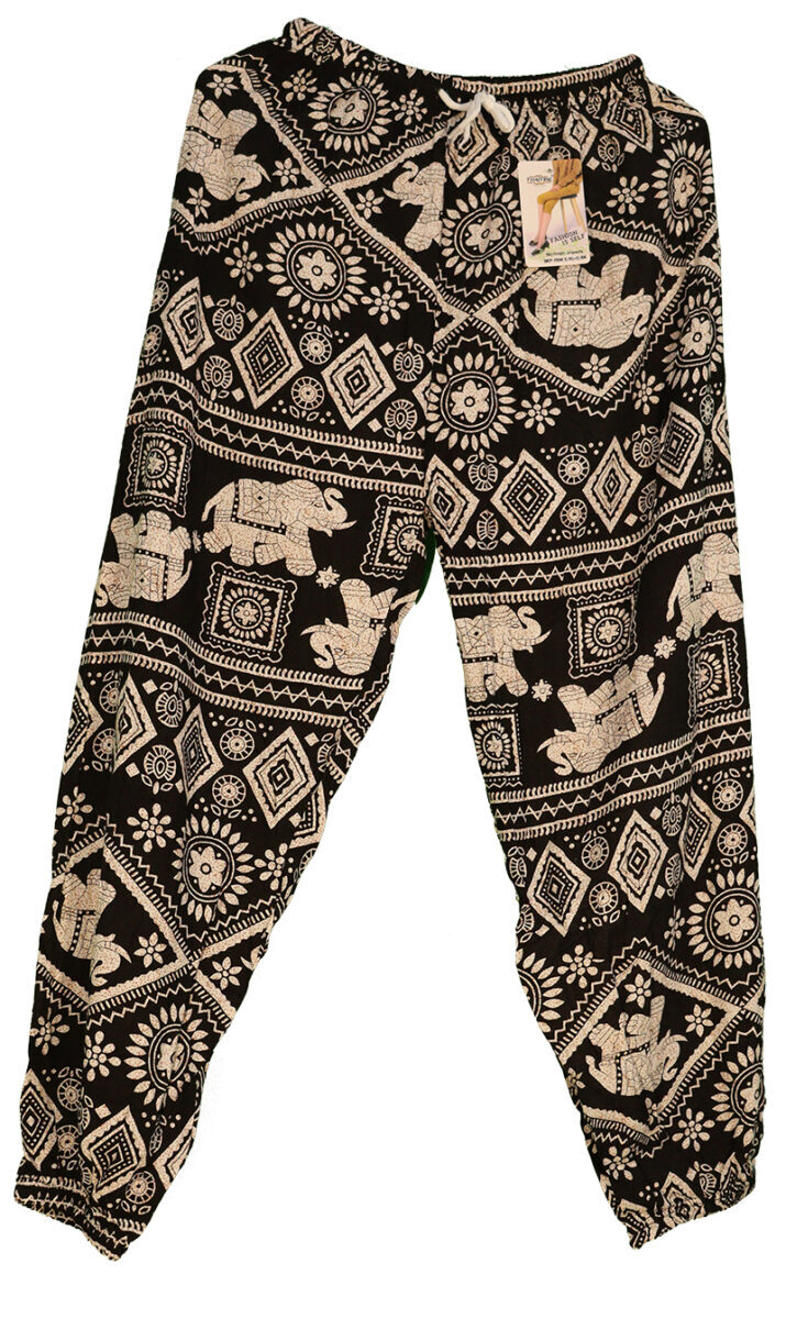 Bangkok Pants / Free Size Small / Elastic Ankle / Kaleidoscope + Elephants Pattern / Black