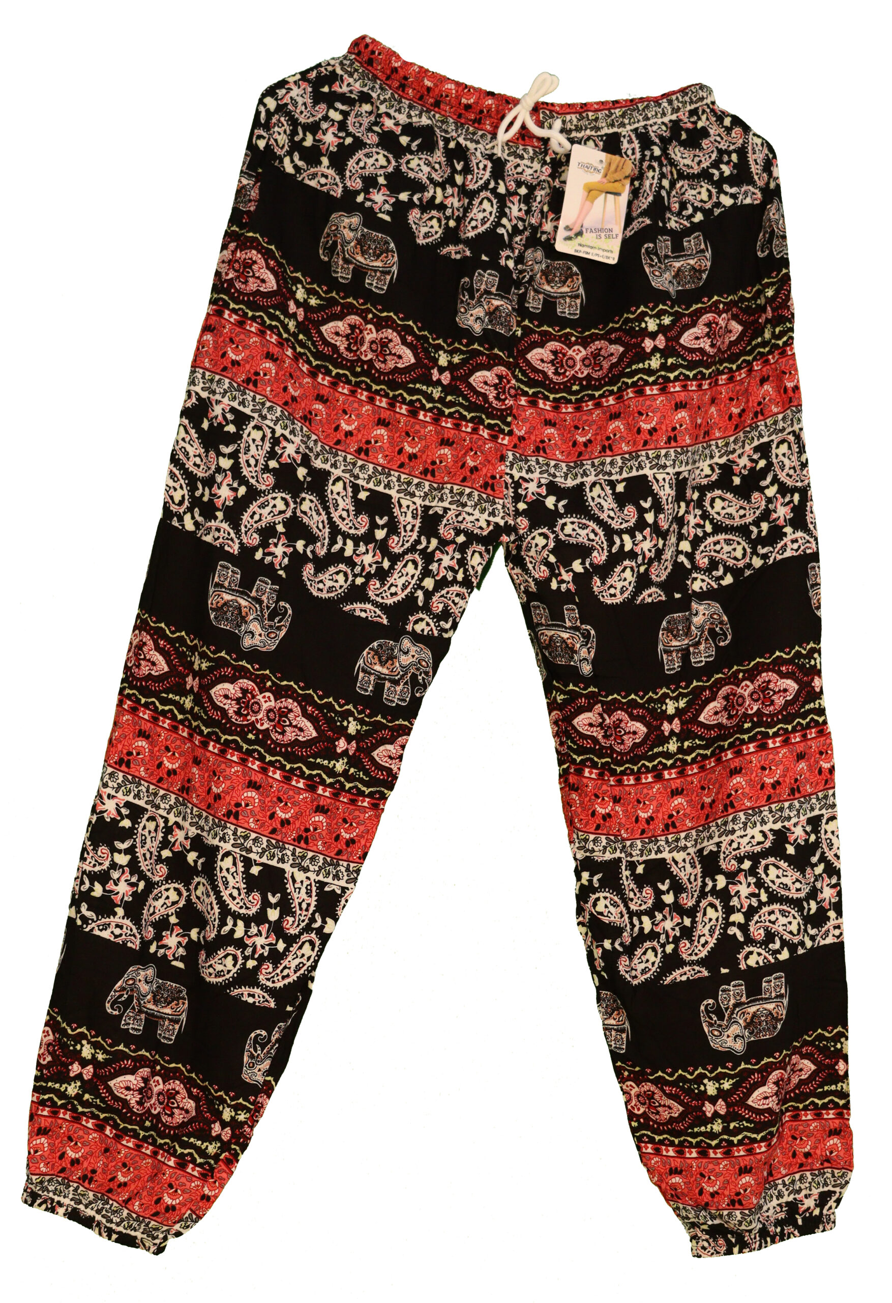Bangkok Pants / Free Size Small / Elastic Ankle / Paisley + Elephants Pattern / Black with Red