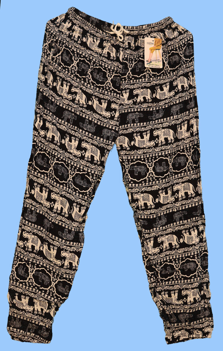 Bangkok Pants / Free Size Small / Elastic Ankle / Vines + Elephants Pattern / Navy Blue