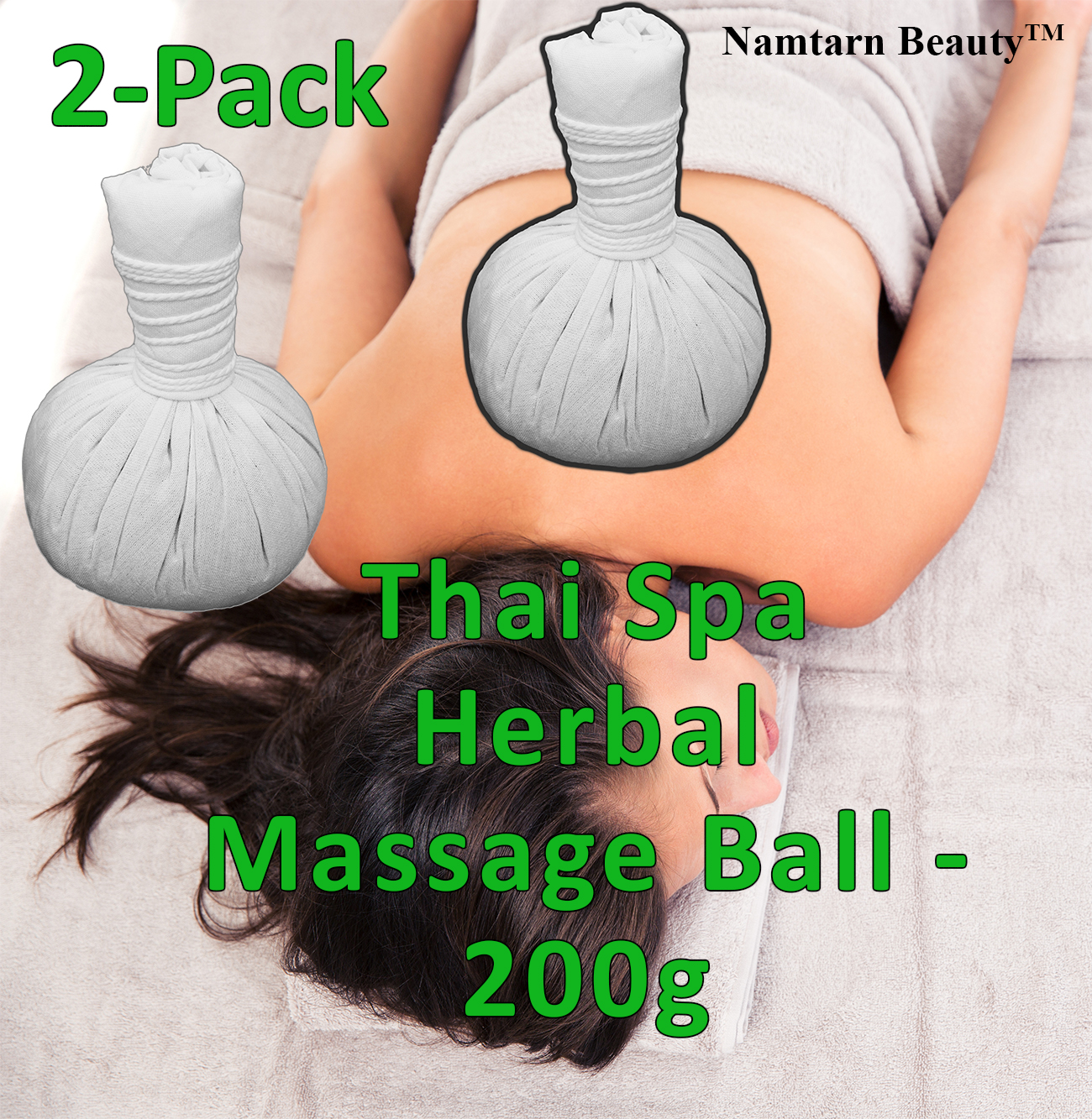 Namtarn Beauty Thai Massage Ball x2 img 1 Woman on Massage Table with product