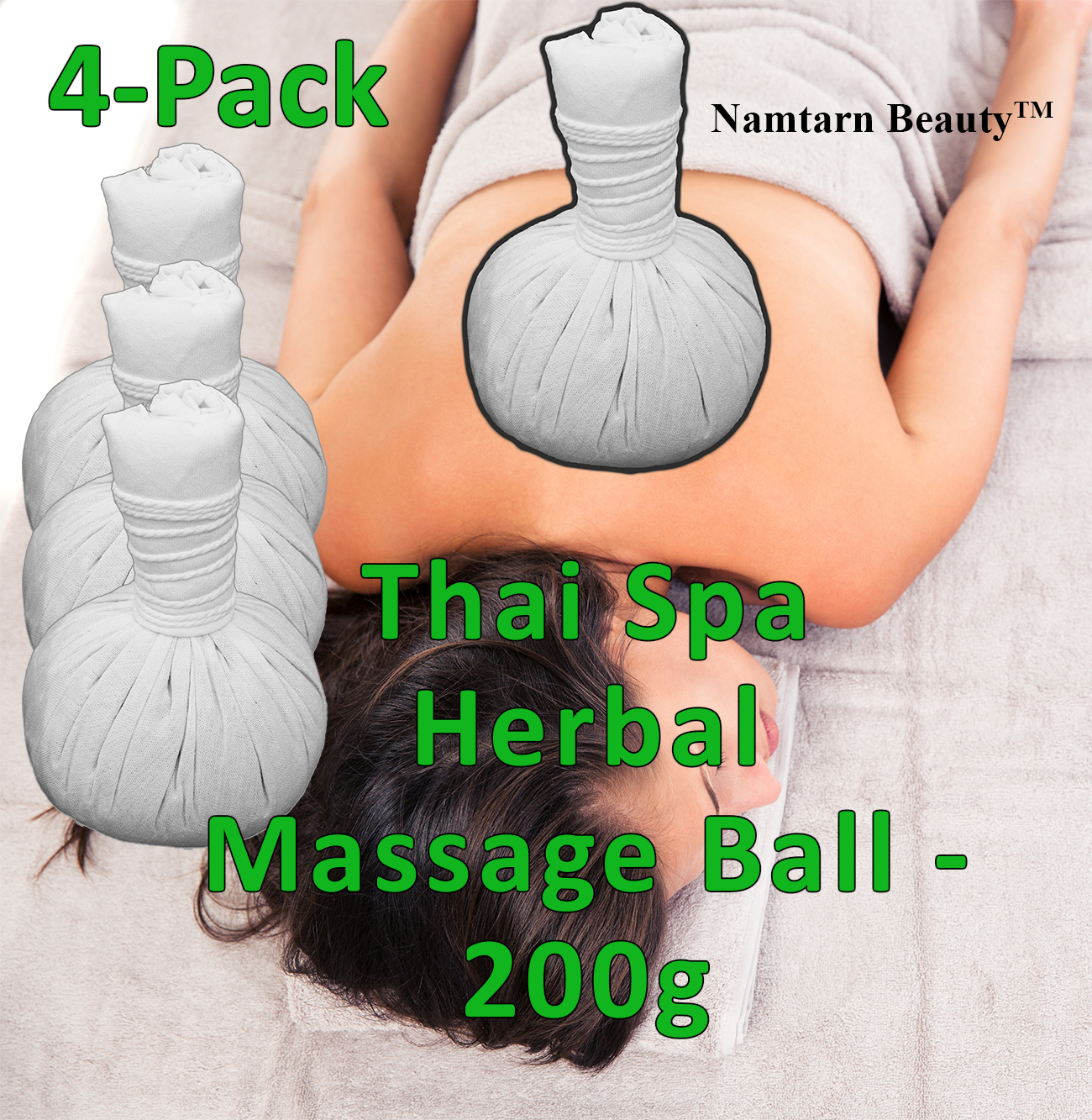 Namtarn Beauty Thai Massage Ball x4 img 1 Woman on Massage Table with product